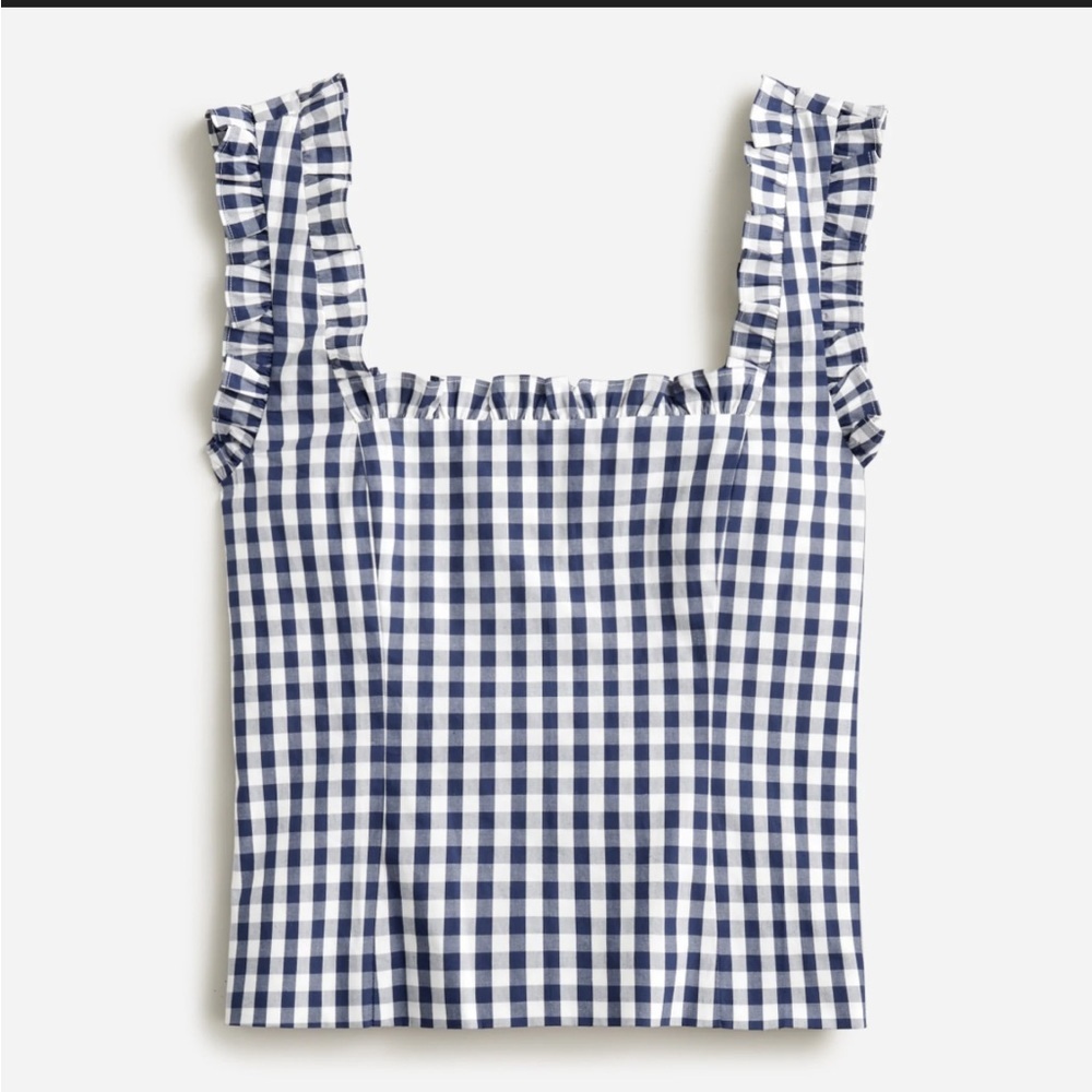 J.Crew Blue Gingham Smocked Ruffle Strap Top Size Large NWT Re-Imagined